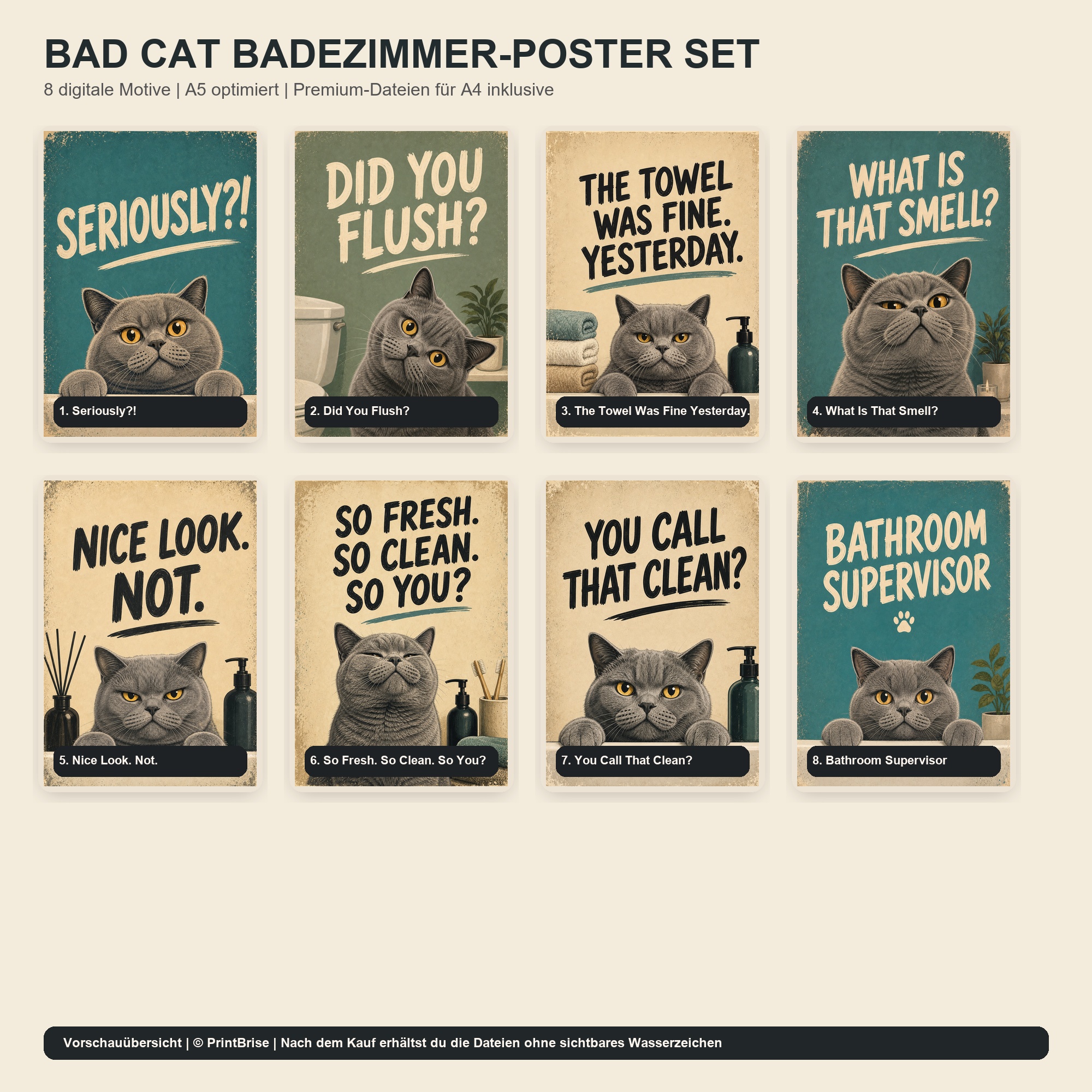 Bad Cat Badezimmer-Poster Set - Digitaler Download