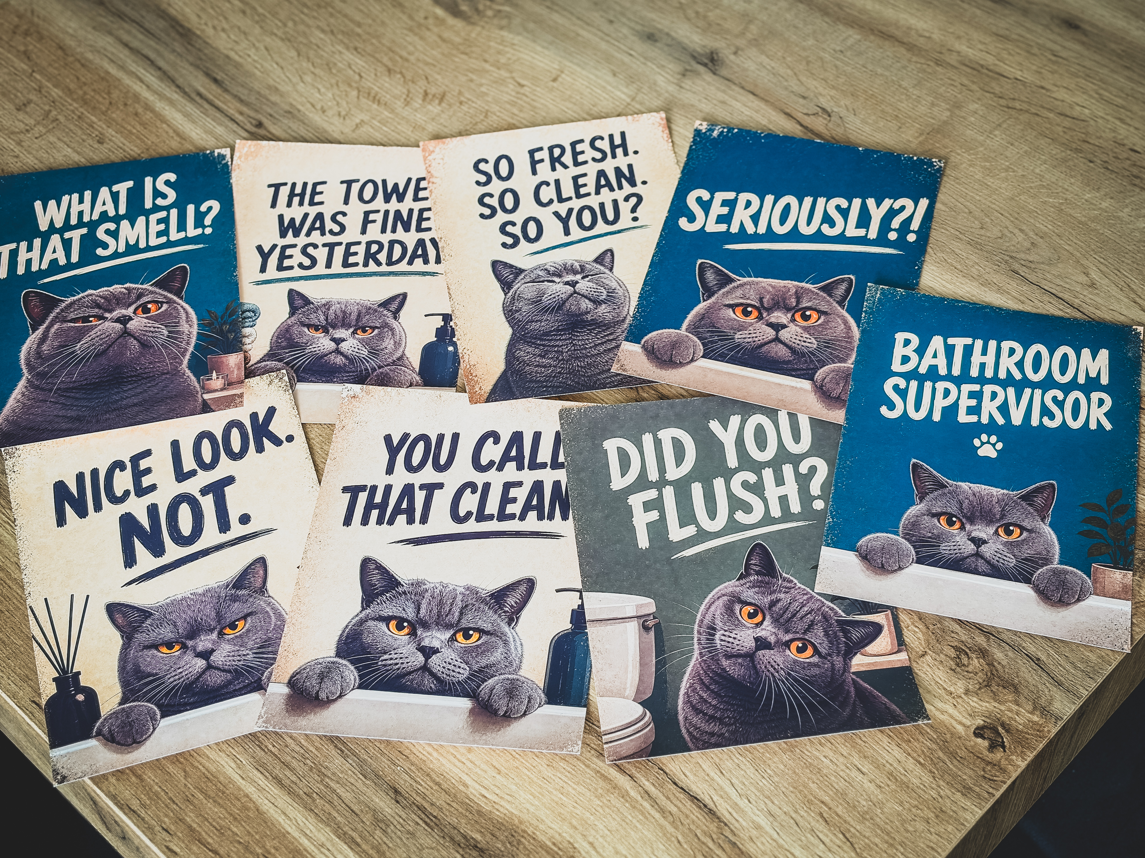 Lustiges Katzen Badezimmer Poster Set | A5 Prints auf 180 g Fotopapier | Vintage Katzenbilder | Gäste WC Deko | Geschenk