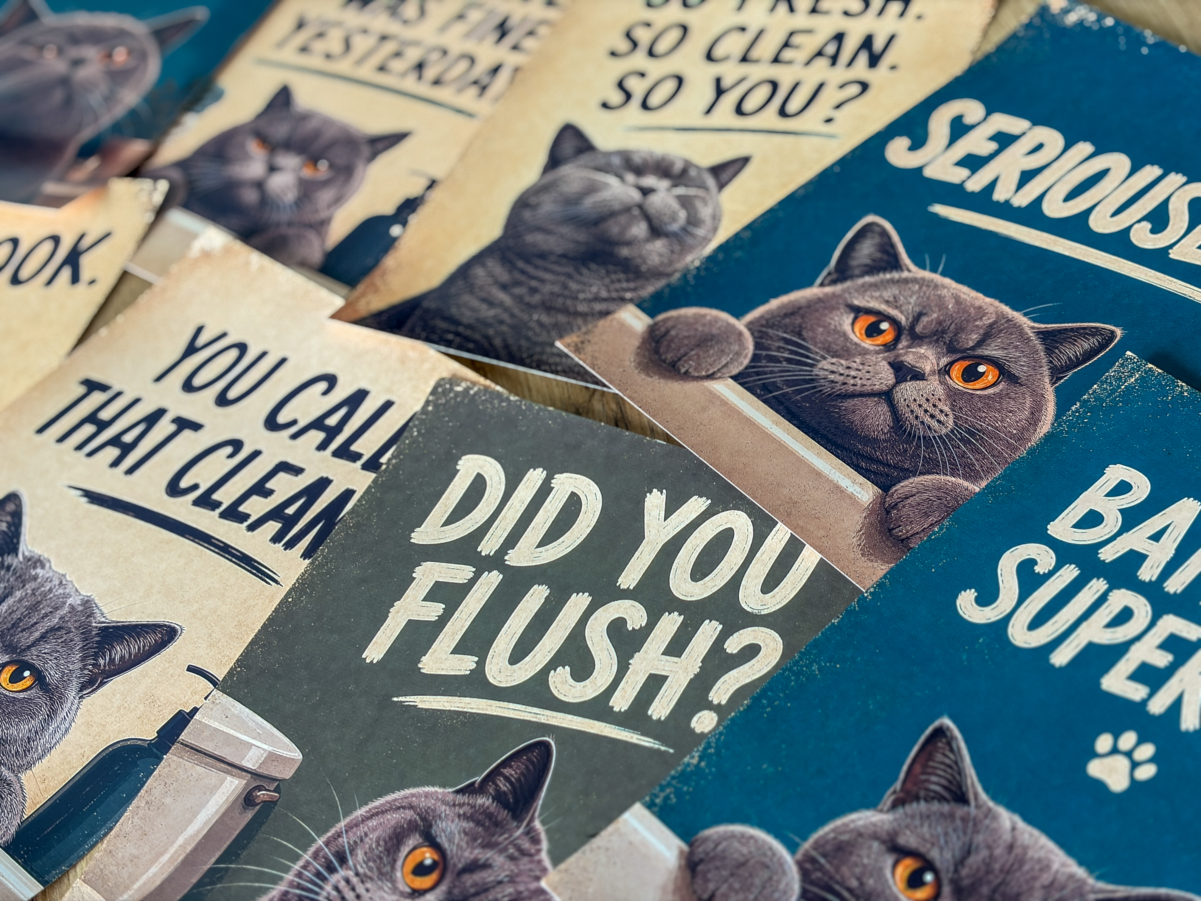 Lustiges Katzen Badezimmer Poster Set | A5 Prints auf 180 g Fotopapier | Vintage Katzenbilder | Gäste WC Deko | Geschenk