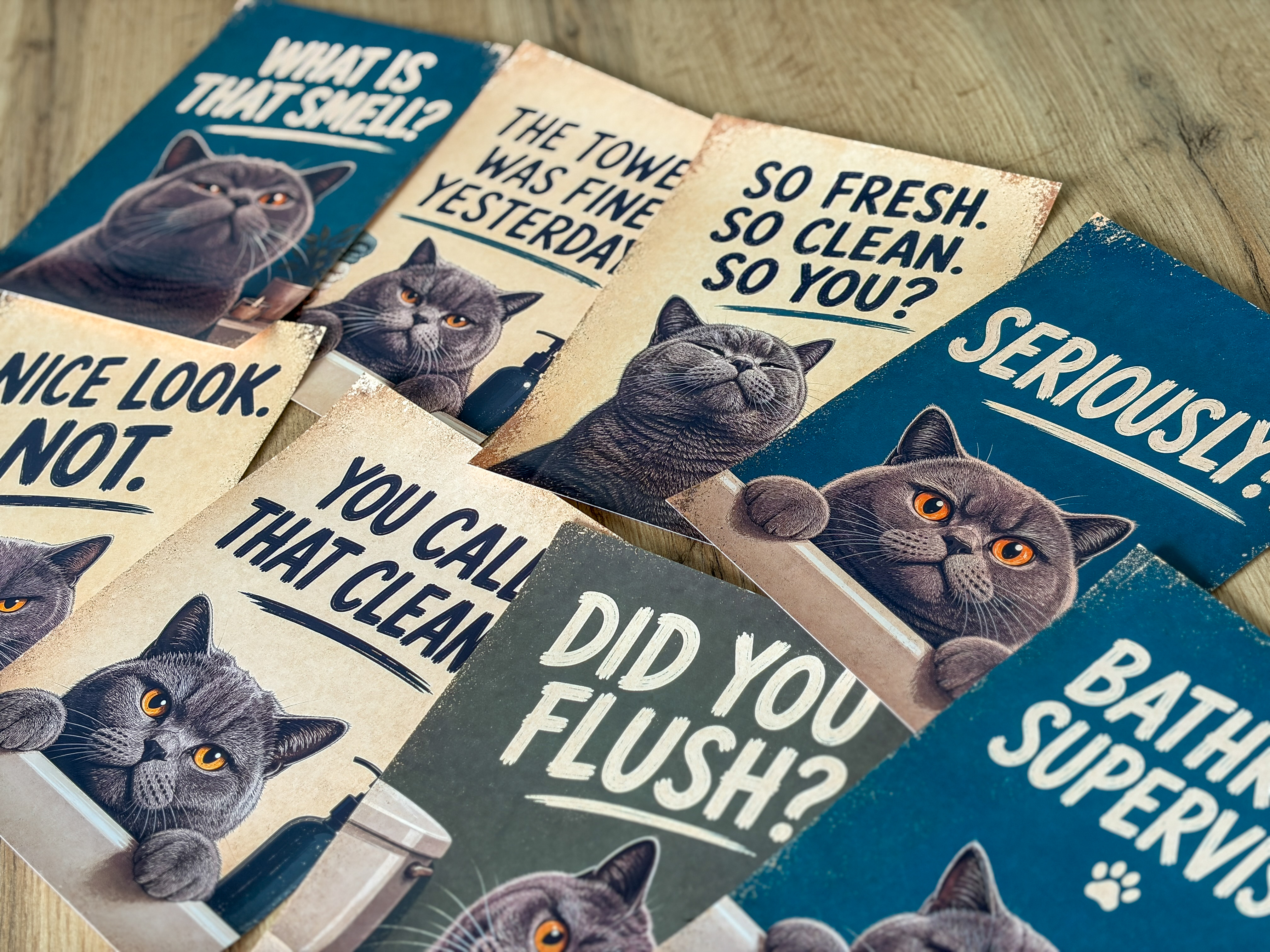 Lustiges Katzen Badezimmer Poster Set | A5 Prints auf 180 g Fotopapier | Vintage Katzenbilder | Gäste WC Deko | Geschenk
