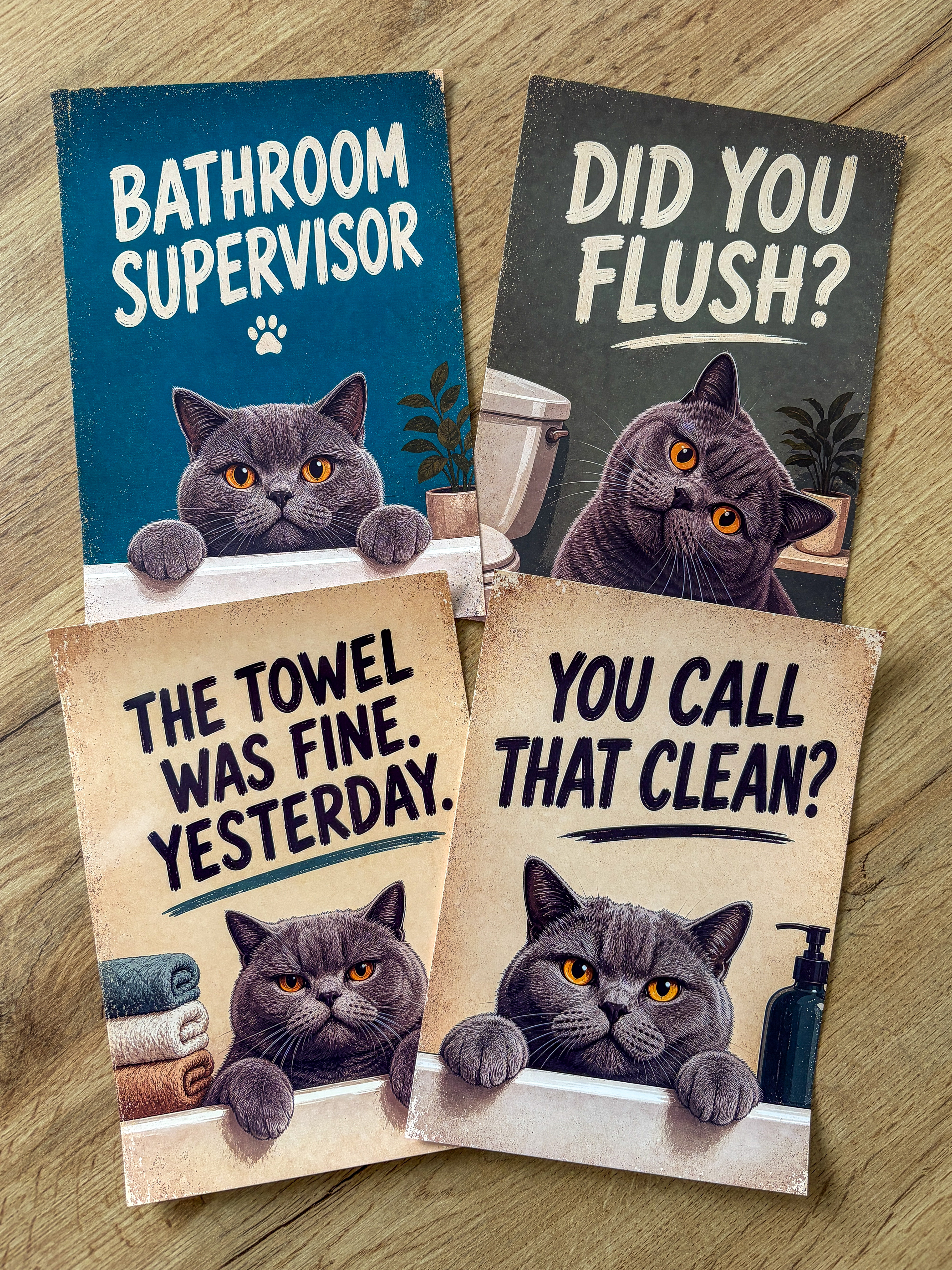 Lustiges Katzen Badezimmer Poster Set | A5 Prints auf 180 g Fotopapier | Vintage Katzenbilder | Gäste WC Deko | Geschenk