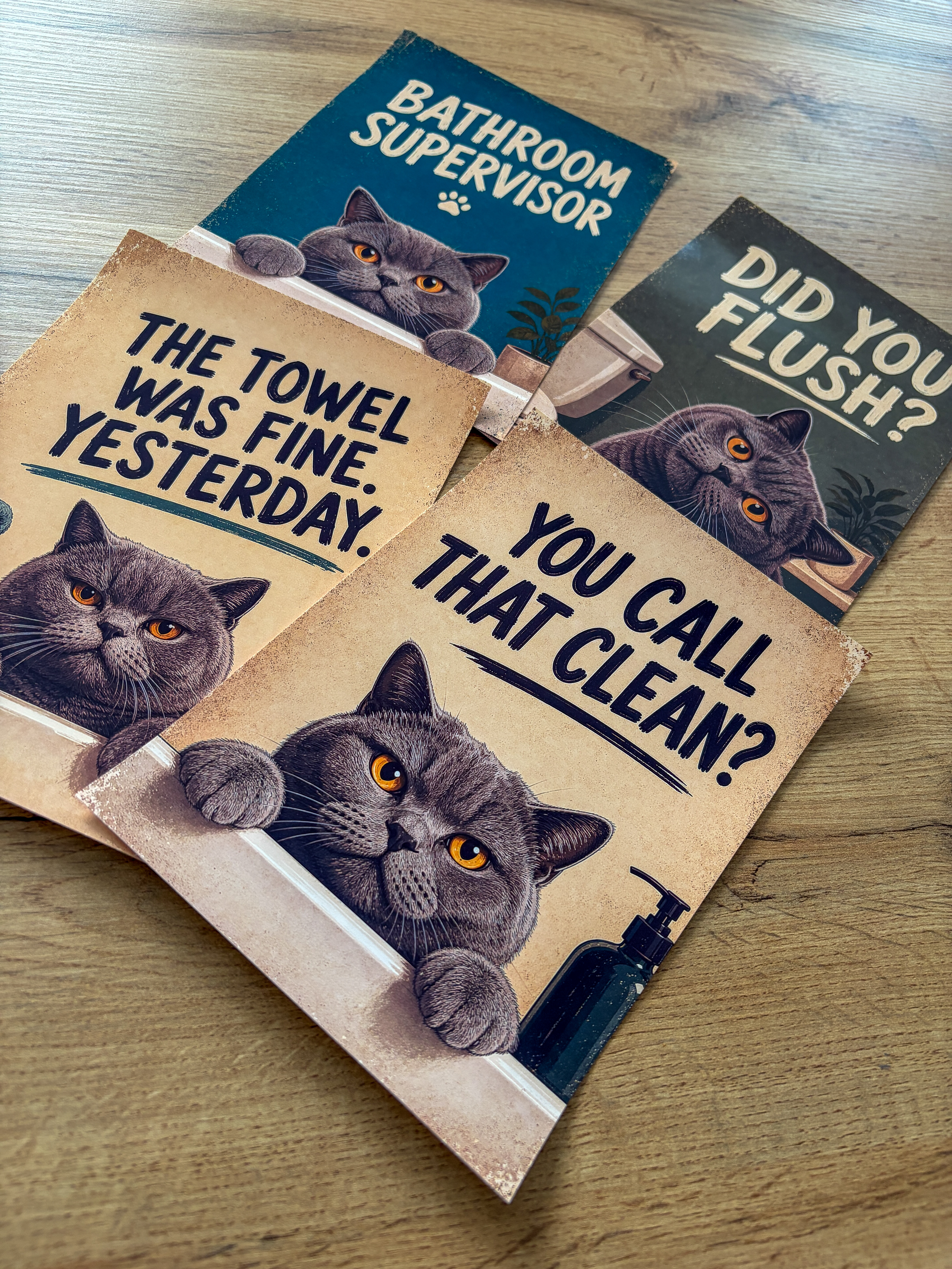 Lustiges Katzen Badezimmer Poster Set | A5 Prints auf 180 g Fotopapier | Vintage Katzenbilder | Gäste WC Deko | Geschenk