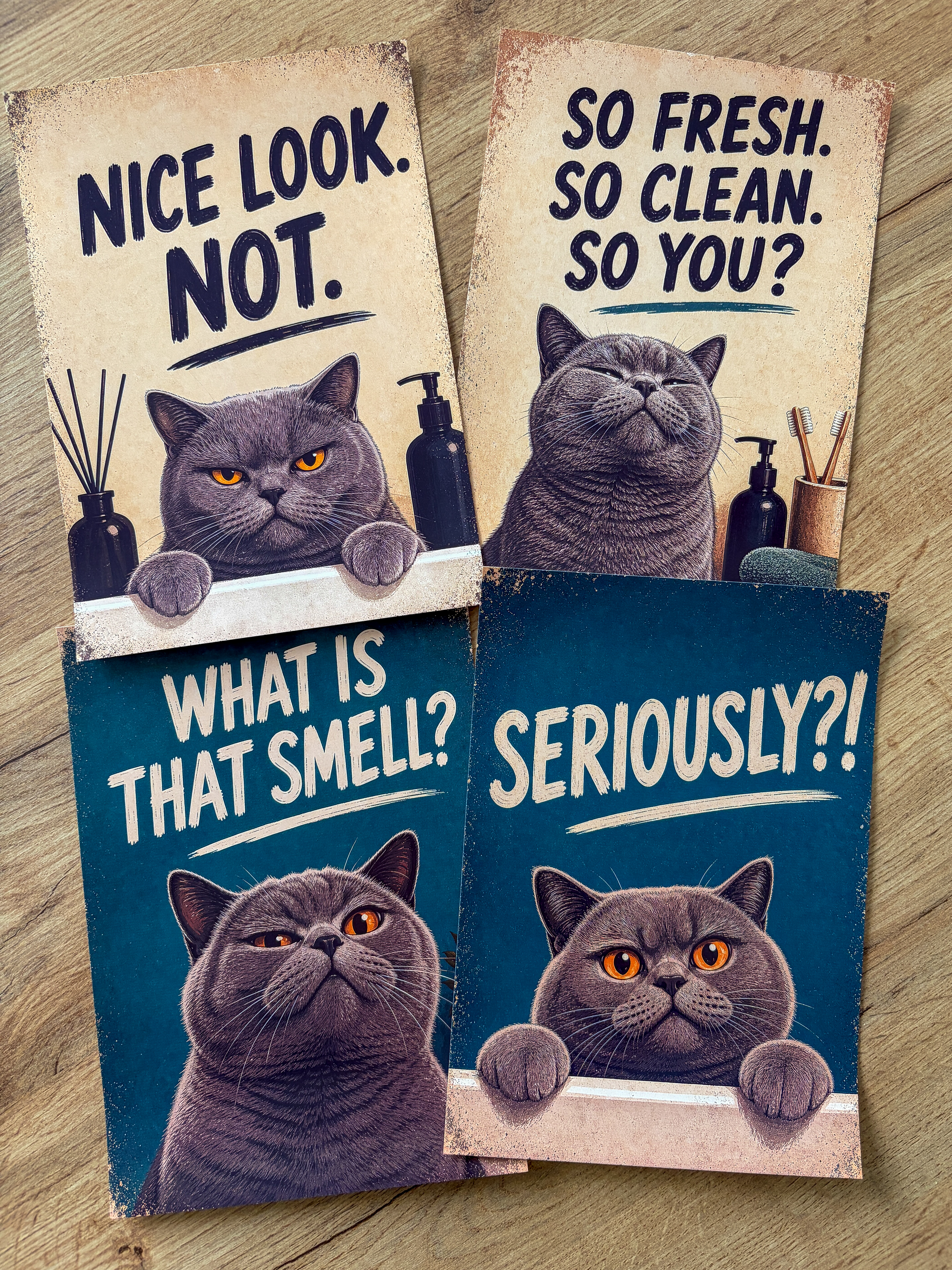 Lustiges Katzen Badezimmer Poster Set | A5 Prints auf 180 g Fotopapier | Vintage Katzenbilder | Gäste WC Deko | Geschenk