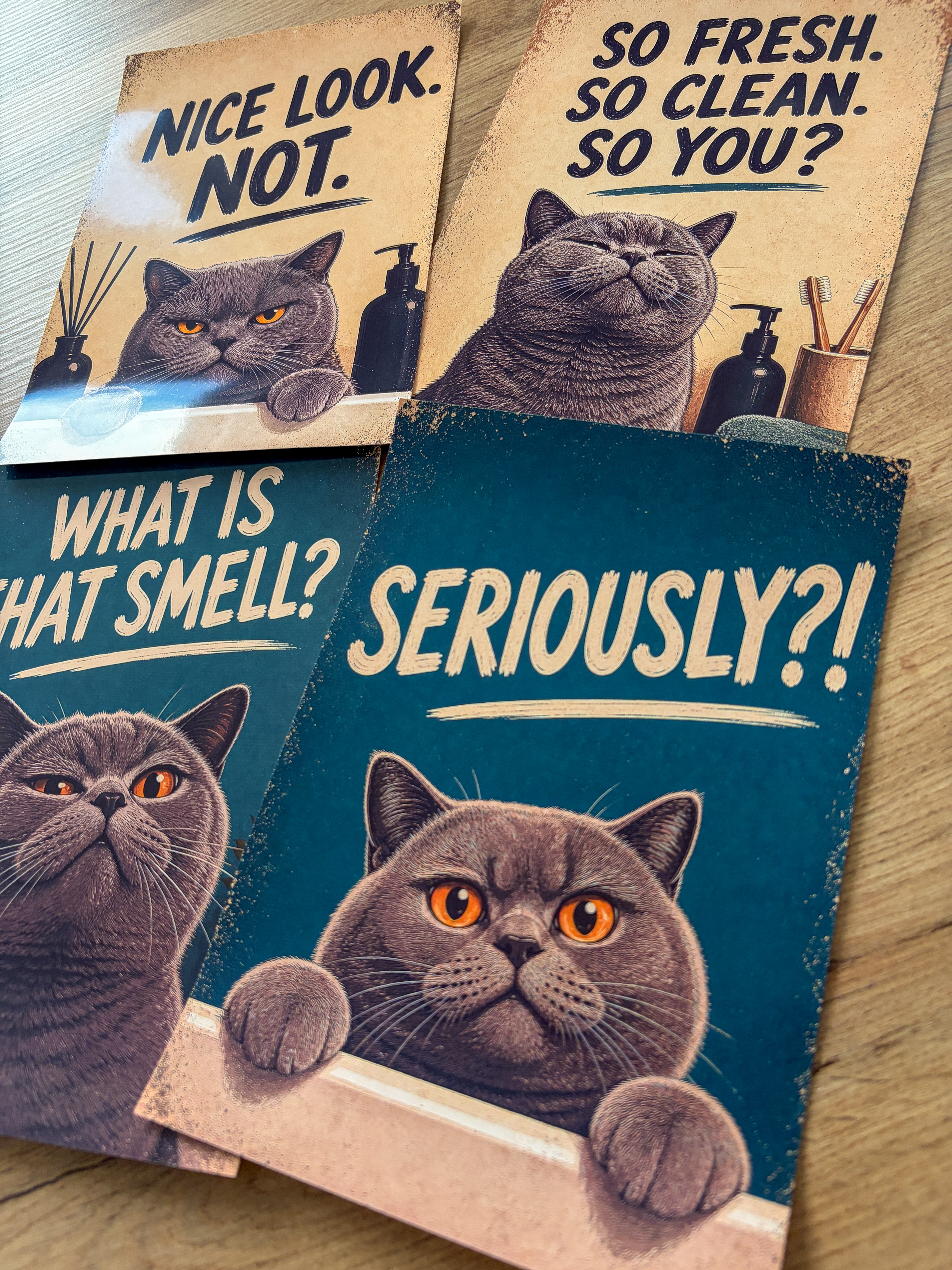 Lustiges Katzen Badezimmer Poster Set | A5 Prints auf 180 g Fotopapier | Vintage Katzenbilder | Gäste WC Deko | Geschenk